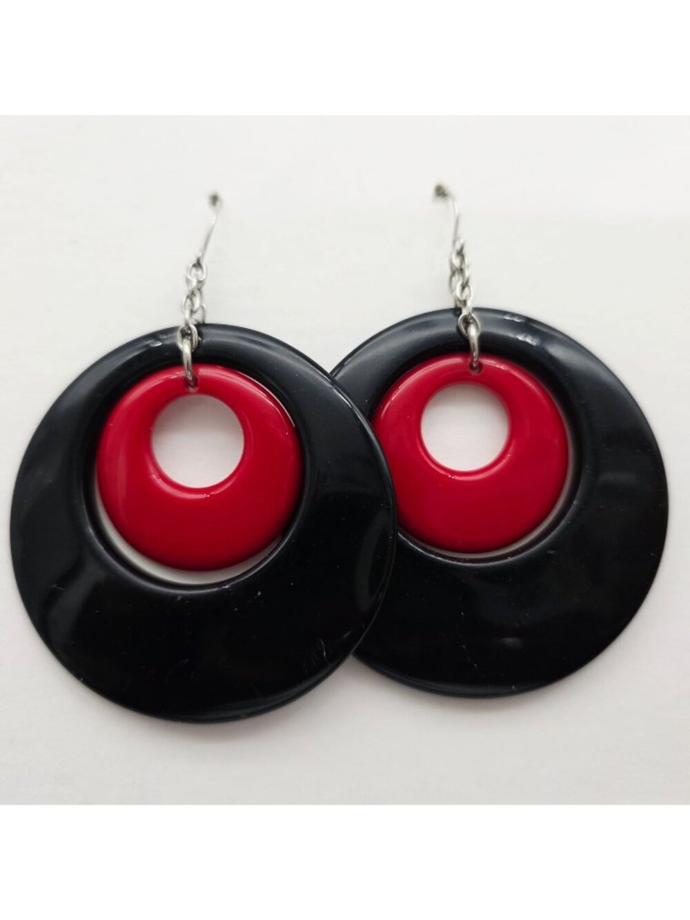 Retro Black & Red Circle Drop Earrings With Hook Design 3"